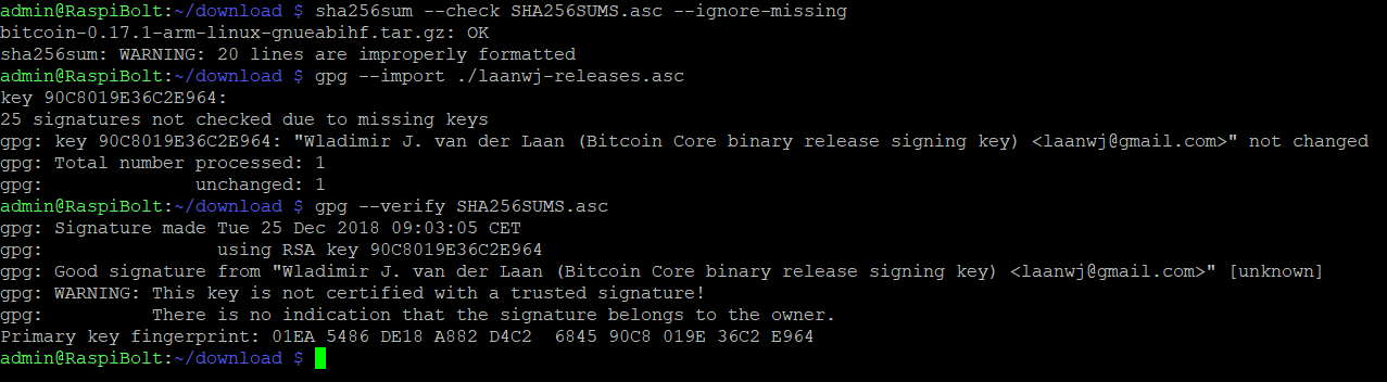 commands to check bitcoind signature