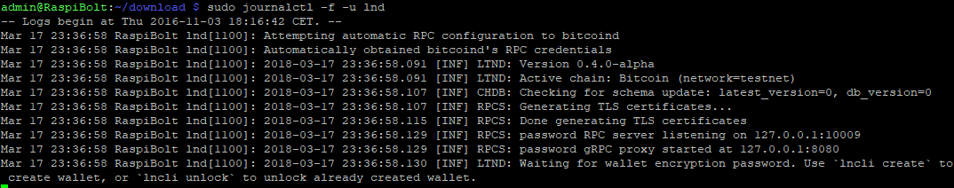 LND startup log
